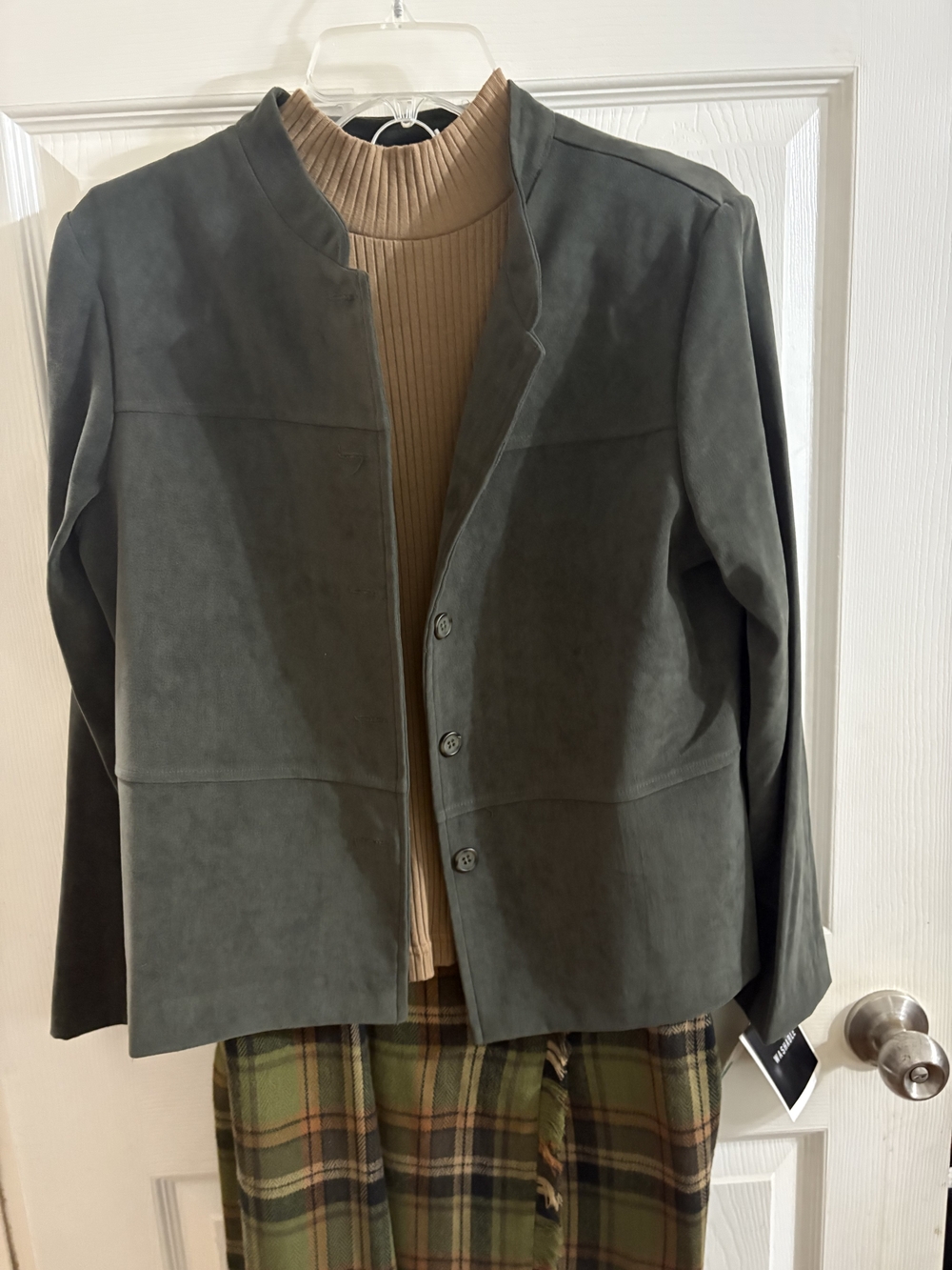 Women's Olive 3 Pc Suede Button Jacket/tank/skirt - Classic Minimalist Set